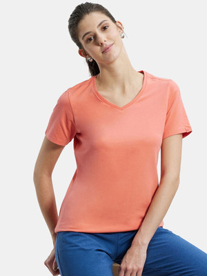 JOCKEY Solid Women V Neck Pink T-Shirt