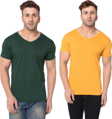Tresna Fab Solid Men V Neck Dark Green, Yellow T-Shirt