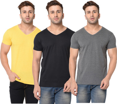 JB Jagoboy Self Design, Solid Men V Neck Black, Grey, Yellow T-Shirt