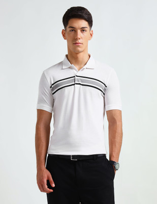 ARROW Striped Men Polo Neck White T-Shirt