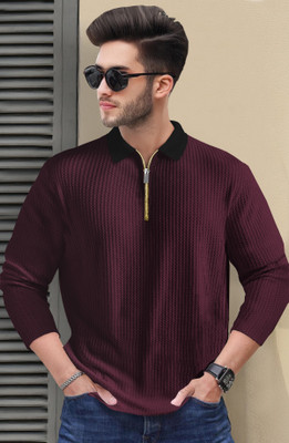 TRIPR Self Design Men Polo Neck Maroon, Black T-Shirt