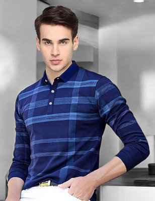 Autna Checkered Men Polo Neck Navy Blue T-Shirt