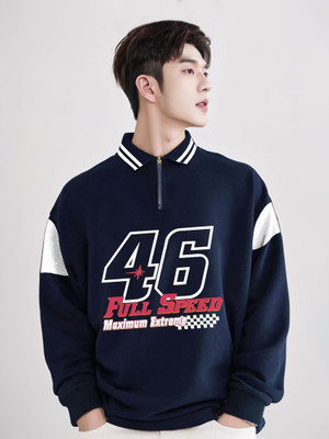 Jump Cuts Printed Men Polo Neck Navy Blue T-Shirt