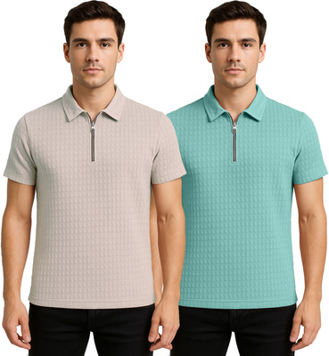 KEOTI Self Design Men Zip Neck Grey, Light Blue T-Shirt