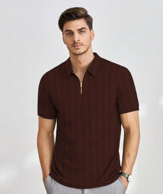 VEYNIZ Self Design Men Polo Neck Brown T-Shirt