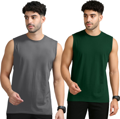 JB Jangoboy Solid Men Round Neck Grey, Dark Green T-Shirt