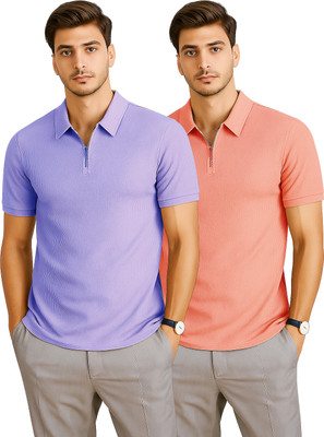 RMLKN Self Design, Solid Men Zip Neck Purple, Multicolor T-Shirt