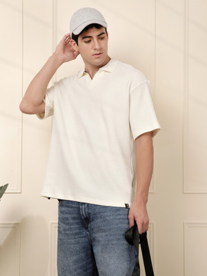 WROGN Self Design Men Polo Neck White T-Shirt