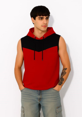 VASTRAART Colorblock, Chevron/Zig Zag Men Hooded Neck Red, Black T-Shirt