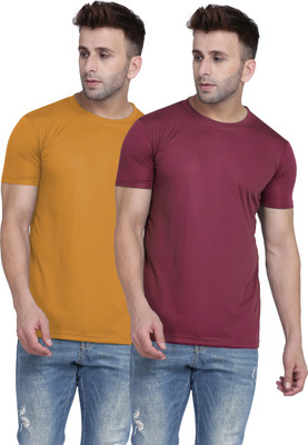 TQH Solid Men Round Neck Yellow, Maroon T-Shirt