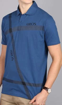 3BROS Striped, Typography Men Polo Neck Dark Blue T-Shirt