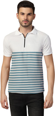tfurnish Striped Men Polo Neck White T-Shirt