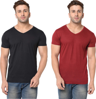 Tresna Fab Solid Men V Neck Maroon, Black T-Shirt