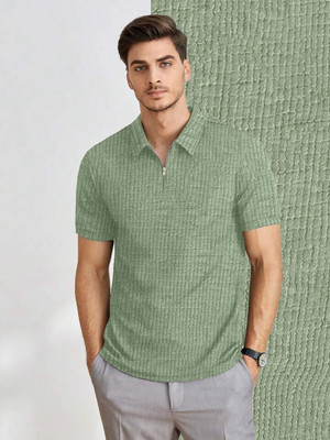 THE DRY STATE Self Design Men Zip Neck Light Green T-Shirt