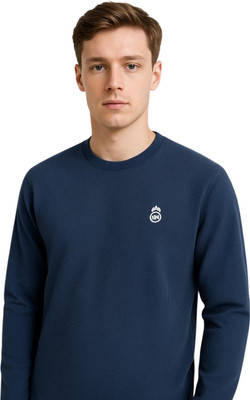 HOTMOD Self Design Men Round Neck Dark Blue T-Shirt