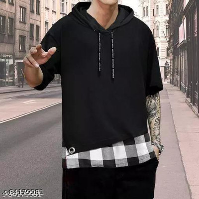 Neu Look Solid Men Hooded Neck Black T-Shirt