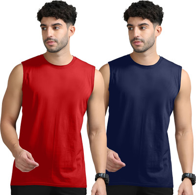 Adorbs Solid Men Round Neck Red, Dark Blue T-Shirt