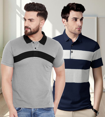 BELACHY Colorblock Men Polo Neck Navy Blue T-Shirt