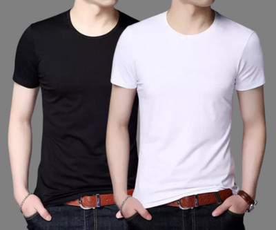 Povaxpo Solid Men Round Neck Black, White T-Shirt