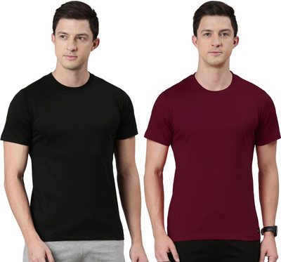 RUPA JON Solid Men Crew Neck Black, Maroon T-Shirt