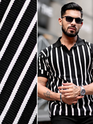 MANIAC Striped Men Polo Neck Black T-Shirt
