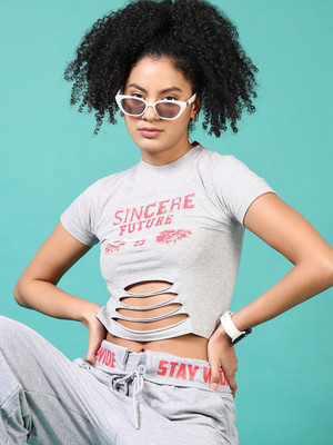 V-MART Printed Women Round Neck Grey T-Shirt