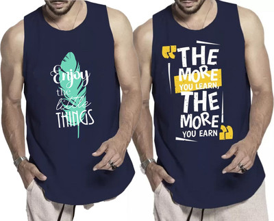 WOOSTRO Printed Men Round Neck Navy Blue T-Shirt