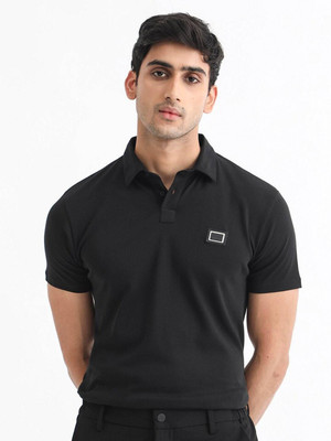 RARE RABBIT Solid Men Polo Neck Black T-Shirt