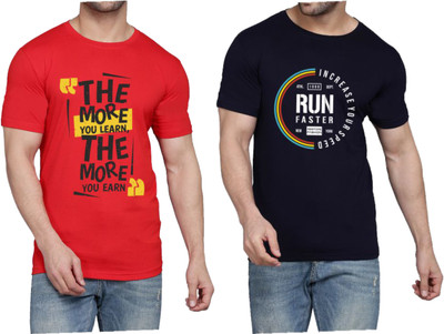 WOOSTRO Printed Men Round Neck Red, Dark Blue T-Shirt