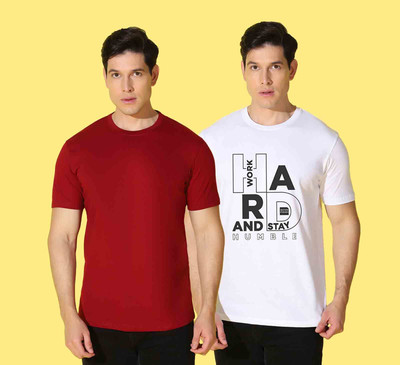 WOOSTRO Printed Men Round Neck Maroon, White T-Shirt