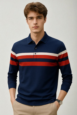 FAOES Printed Men Polo Neck Navy Blue T-Shirt