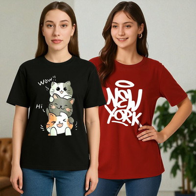 Elvia Printed Women Round Neck Black, Maroon T-Shirt