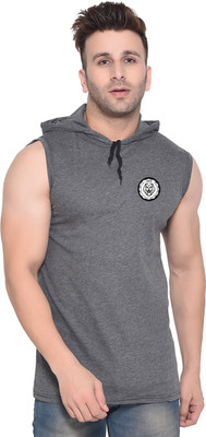 Blisstone Solid Men Hooded Neck Grey T-Shirt