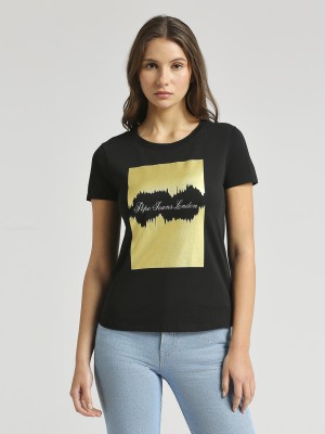 Pepe Jeans Printed, Typography Women Round Neck Black T-Shirt