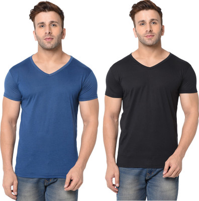 Tresna Fab Solid Men V Neck Dark Blue, Black T-Shirt