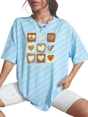 V-Mens Printed Women Round Neck Light Blue T-Shirt