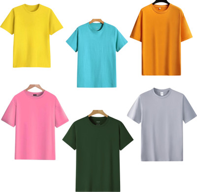 P collection Solid Men Round Neck Orange, Yellow, Light Blue, Green, Silver, Pink T-Shirt