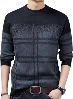 LA&LE Checkered Men Round Neck Grey T-Shirt