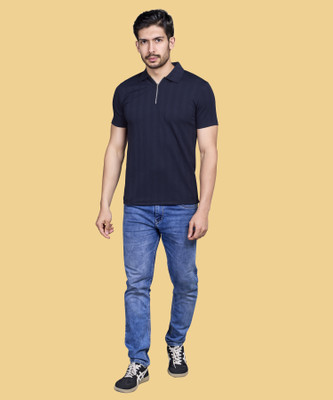 I&D Self Design Men Zip Neck Blue T-Shirt