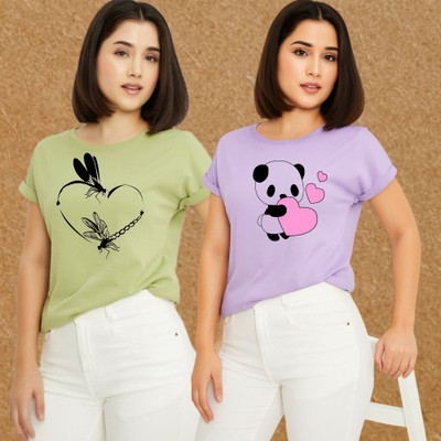 Kasendra Graphic Print Women Round Neck Green, Purple T-Shirt