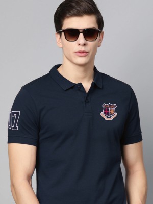 ADORATE Printed Men Polo Neck Navy Blue T-Shirt