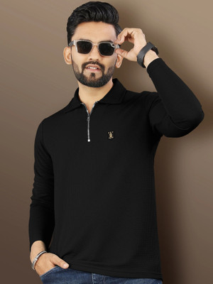 VeBNoR Solid Men Zip Neck Black T-Shirt