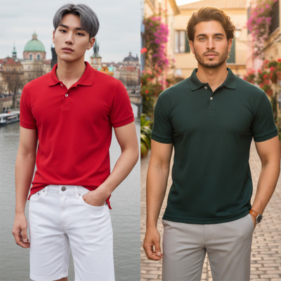 HILFIRE REGION Solid Men Polo Neck Red, Dark Green T-Shirt