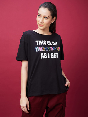 Globus Typography Women Round Neck Black T-Shirt