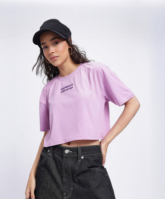 Glitchez Solid Women Round Neck Purple T-Shirt
