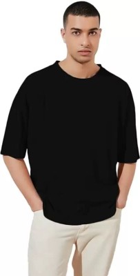 Paper Fashion Solid Men Round Neck Black T-Shirt