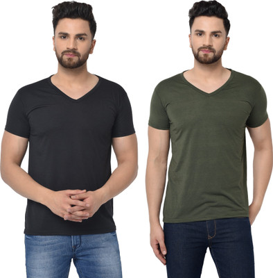 Tresna Fab Solid Men V Neck Dark Green, Black T-Shirt