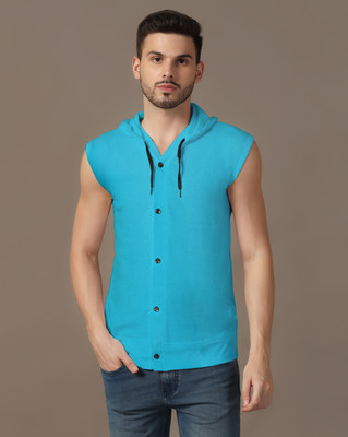 BEYOU FASHION Solid Men Hooded Neck Blue T-Shirt