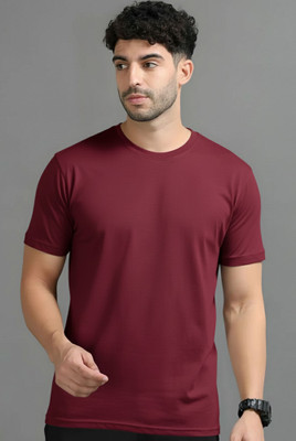 Adorbs Solid Men Round Neck Maroon T-Shirt