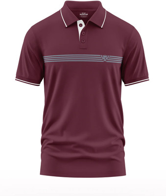 Warriorworld Striped Men Polo Neck Maroon T-Shirt